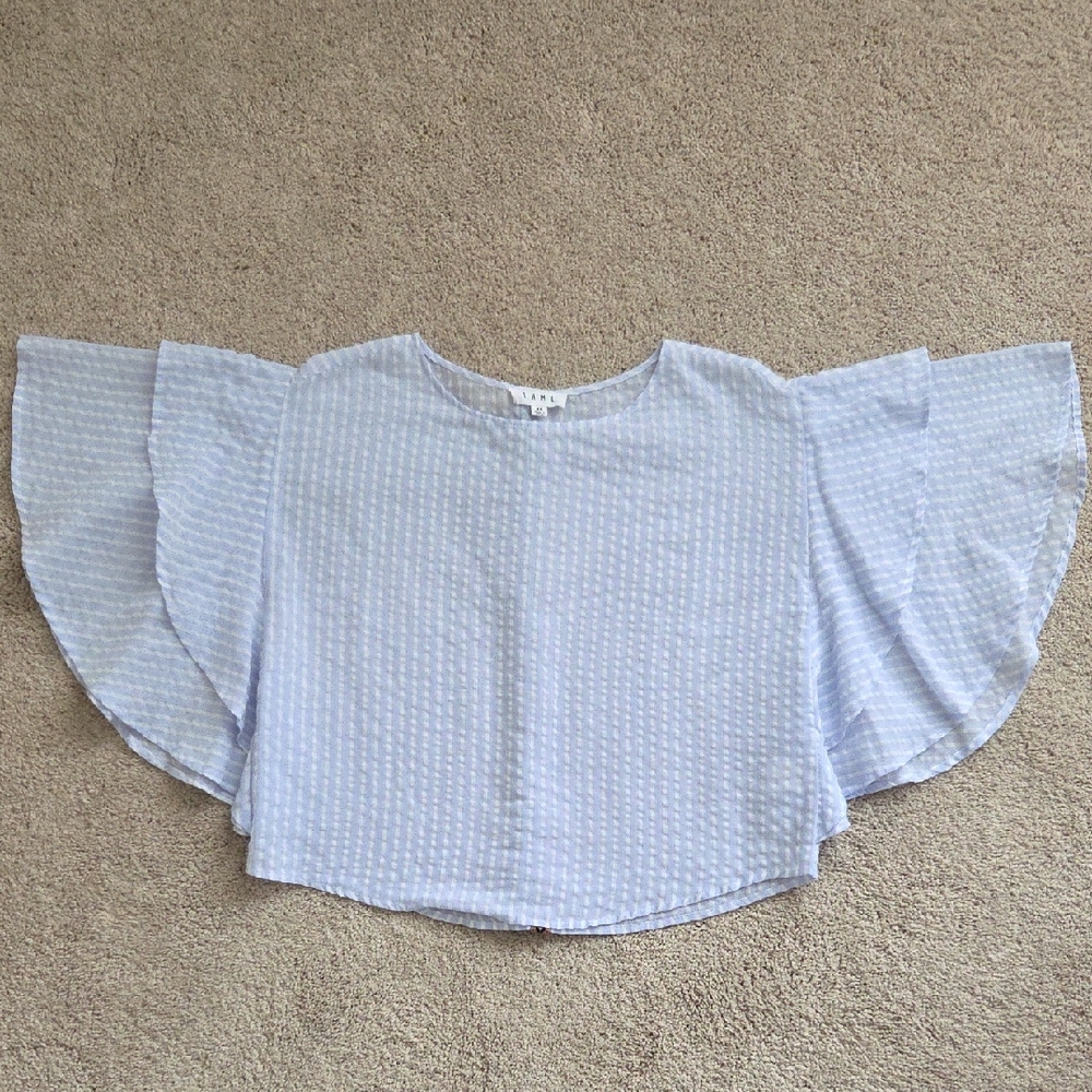 THML Light Blue Textured Flutter Sleeve Blouse